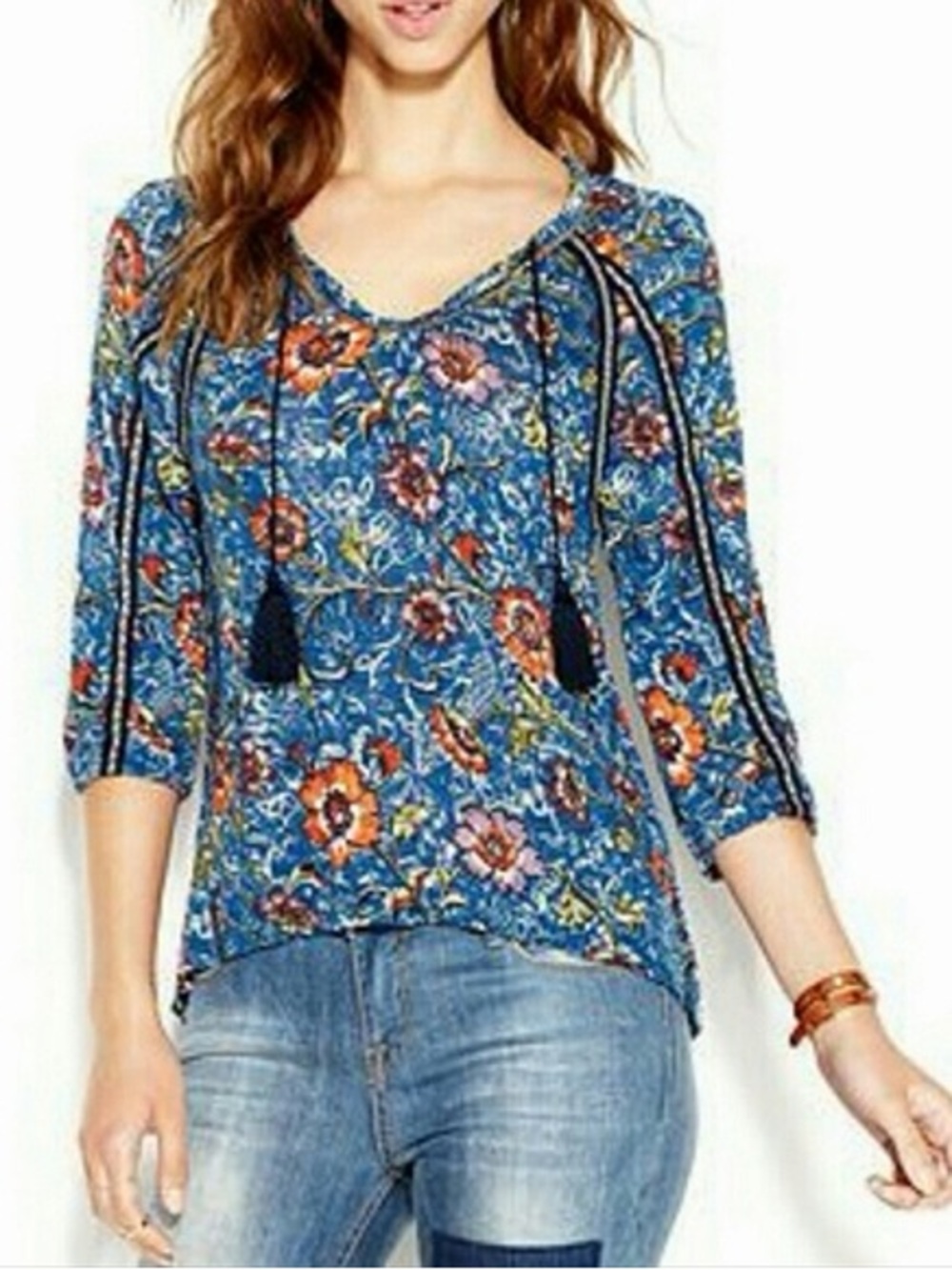 Lucky Brand XL Blue Floral Peasant Tunic Top Tassel Tie Boho